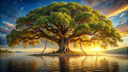 Wall Mural - Majestic Oak Tree on Island with Golden Chain - Stunning Nature Photography