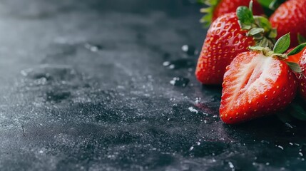 Canvas Print - Fresh Juicy Red Strawberries on Dark Slate Surface with Space for Text Vibrant Berry Close-Up for Culinary and Healthy Lifestyle Concepts