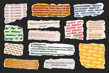 Wall Mural - ripped paper strips with handwritten text. realistic crumpled paper scraps with torn edges. shreds o