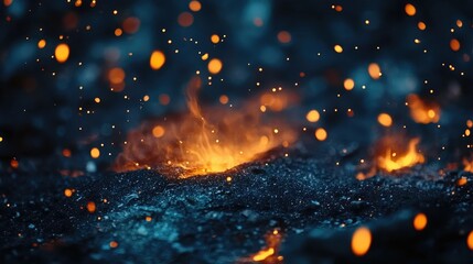 Wall Mural - glowing orange embers with vibrant sparks against a dark night background, high-quality image with a