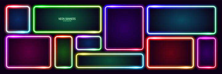 Colorful glowing neon banners, illuminated square frames. Shiny vibrant border, glow effect. Purple vintage retro lights, night illumination. Modern futuristic UI design elements. Vector illustration