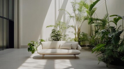 Wall Mural - Modern living room interior with a white sofa surrounded by lush green plants and natural light filtering through large windows. Copy Space available.