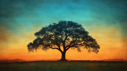 Wall Mural - Majestic Silhouette of a Tree Against Vibrant Sunset Colors