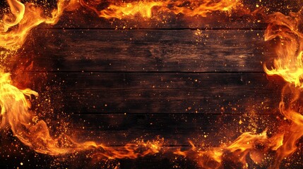 Wall Mural - glowing charcoal flames with fiery orange hues surrounding dark wooden surface in warm background id