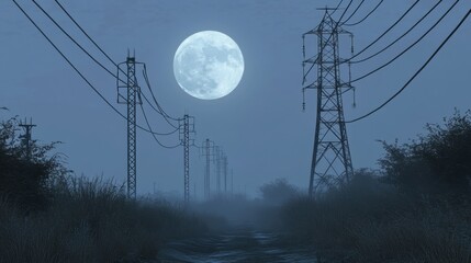 Wall Mural - Serene Night Landscape with Full Moon and Power Lines at Dusk