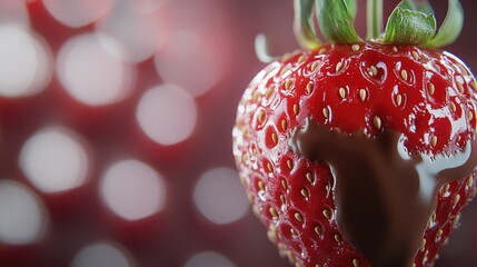 Canvas Print - Close up of a glossy red chocolate covered strawberry against a blurred red bokeh background with empty text space for food advertising or promotions