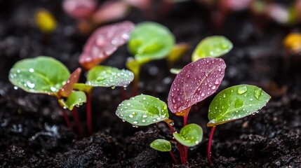 Canvas Print - Fresh Green Sorrel Leaves with Raindrops on Soil Background in Nature Scene with Copy Space for Text in Soft Focus