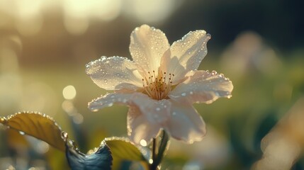 Canvas Print - Delicate Cherry Blossom with Morning Dew Glimmering in Soft Dawn Light Against a Blurred Green Background, Ideal for Agricultural Content and Copy Space