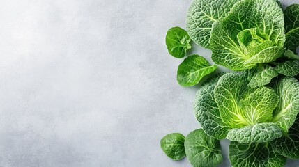 Canvas Print - Fresh Green Cabbage with Dewdrops on Light Gray Concrete Surface Highlighting Organic Produce Freshness and Culinary Potential