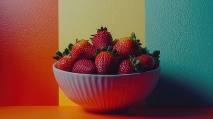 Canvas Print - Vibrant Bowl of Fresh Strawberries against Colorful Background Stripes with Empty Copy Space for Text in Bold Red and Green Tones