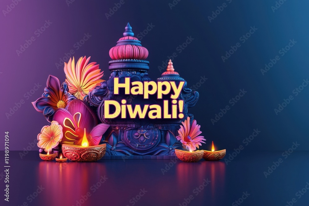 Diwali decor features colorful flowers, ornate oil lamps, and a decorative shrine, creating a joyous atmosphere for the festival. Bright lights illuminate the vibrancy of the celebration.