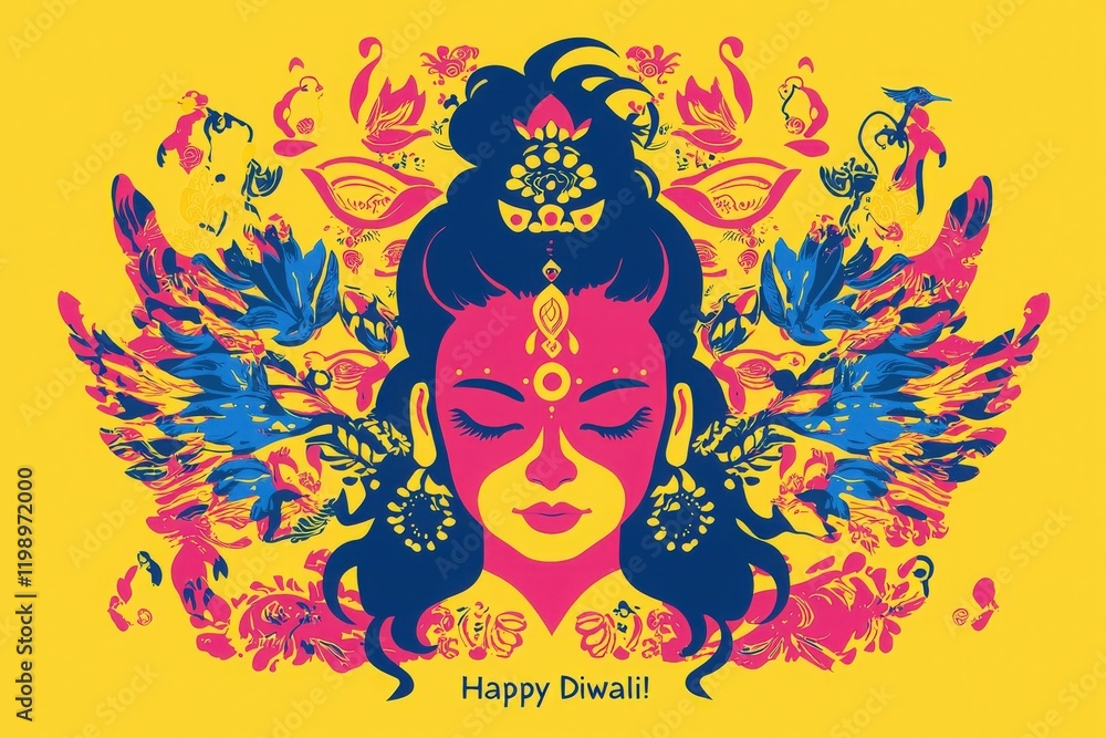 Bright colors fill the canvas, showcasing a goddess figure adorned with intricate designs, symbolizing the joy of Diwali. Floral patterns enhance the festive atmosphere, creating a captivating visual.