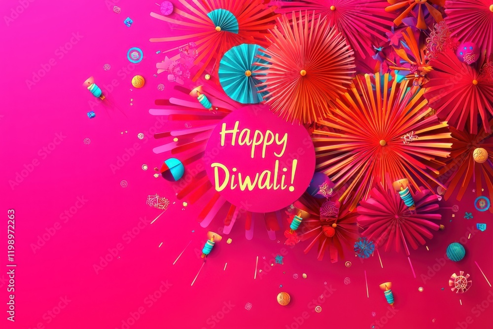 Brightly colored decorations celebrate Diwali with paper fans, lanterns, and confetti against a pink backdrop. The festive display evokes joy and excitement for the holiday.