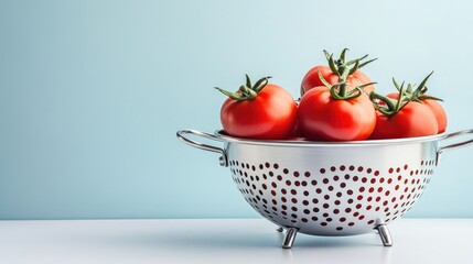 Canvas Print - Fresh Red Tomatoes in a Steel Colander on a Light Blue Background with Summer Gardening Vibes and Empty Copy Space for Text