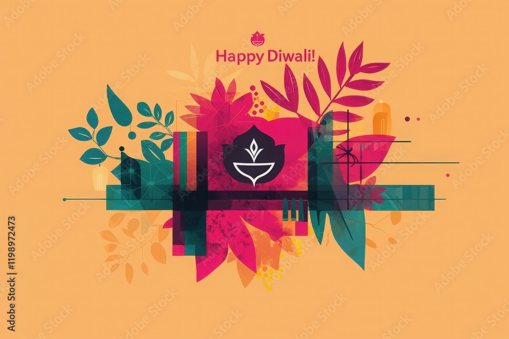 Festive artwork showcases a blend of colorful leaves and a traditional lamp against an orange background. Celebrating the joy and light of Diwali with decorative elements.