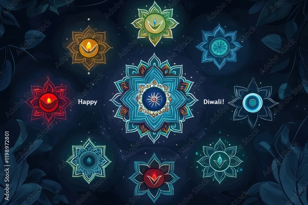 Brightly colored decorations featuring traditional Diwali lamps and floral patterns create a festive atmosphere. The design celebrates the joy and light of the Diwali festival in a vibrant way.