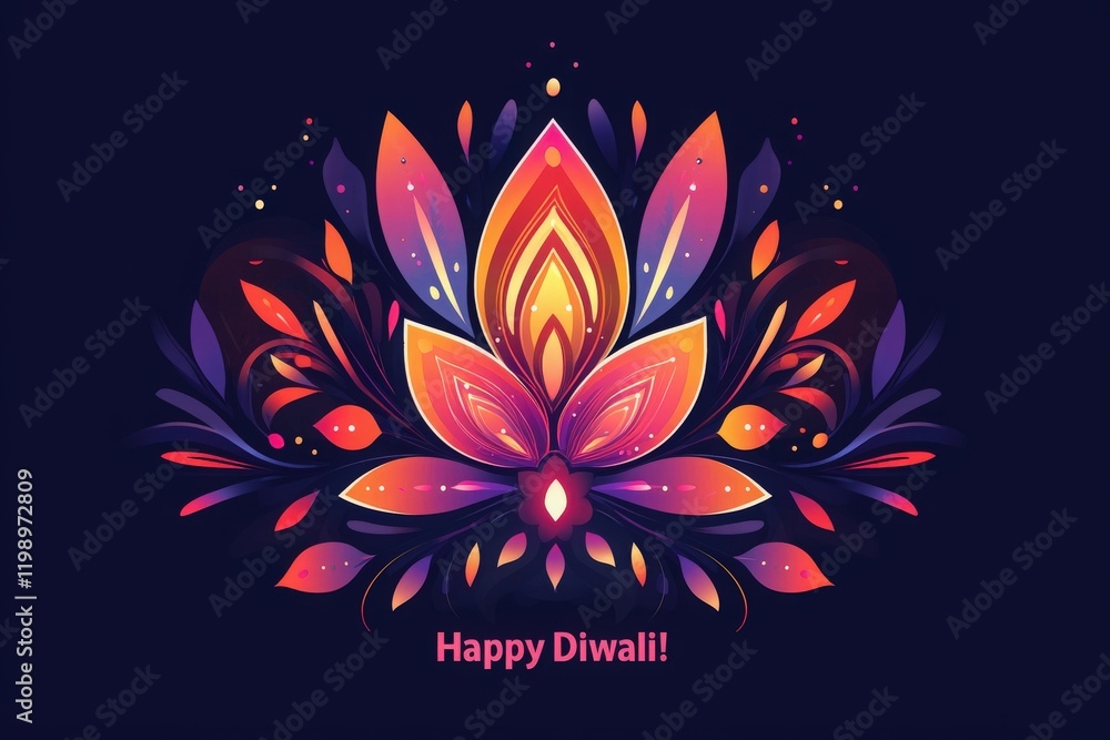 A stunning lotus flower design with vibrant colors representing the festival of Diwali. The intricate patterns and bright shades create a joyful atmosphere perfect for celebrations.