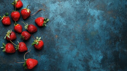 Canvas Print - Fresh ripe strawberries arranged artistically on a textured blue background with ample copy space for healthy berry concept visuals.