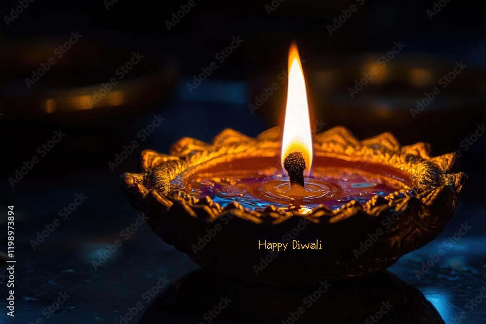A traditional oil lamp illuminates the surroundings with a warm, flickering flame, symbolizing the festival of Diwali, joy, and new beginnings. It showcases rich cultural heritage.