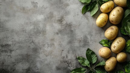 Canvas Print - Freshly Harvested Potatoes Surrounded by Green Leaves on Rustic Gray Background with Empty Space for Text in Organic Food Concept