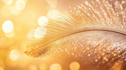 Sticker - Close up of shimmering golden feather with glitter and sparkles against a soft warm background, ideal for elegant text placement and design.