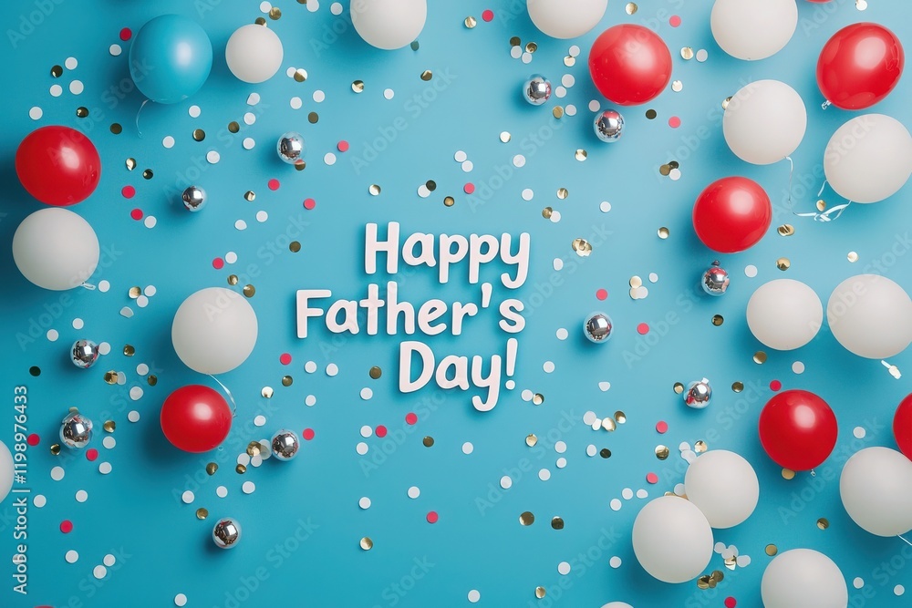 A vibrant display for Fathers Day features balloons in red, white, and blue, along with scattered confetti. The cheerful arrangement is perfect for honoring fathers and celebrating their special day.