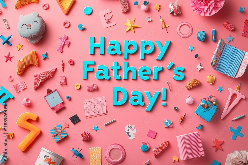 A vibrant arrangement of decorations and gifts celebrating Fathers Day, featuring bright colors and playful designs. The cheerful items create a joyful atmosphere for the occasion.