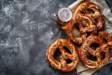 Freshly baked salted pretzels served with a mug of beer on a dark textured background