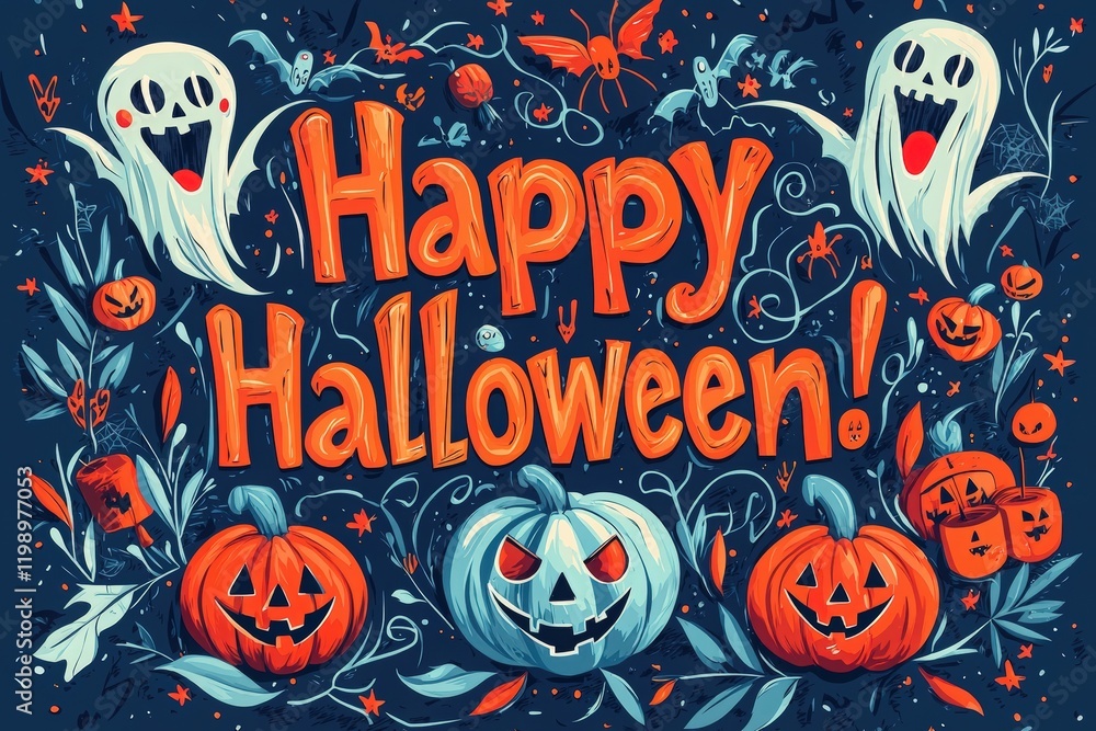 Colorful Halloween decorations feature playful ghosts, carved pumpkins, and spooky bats.