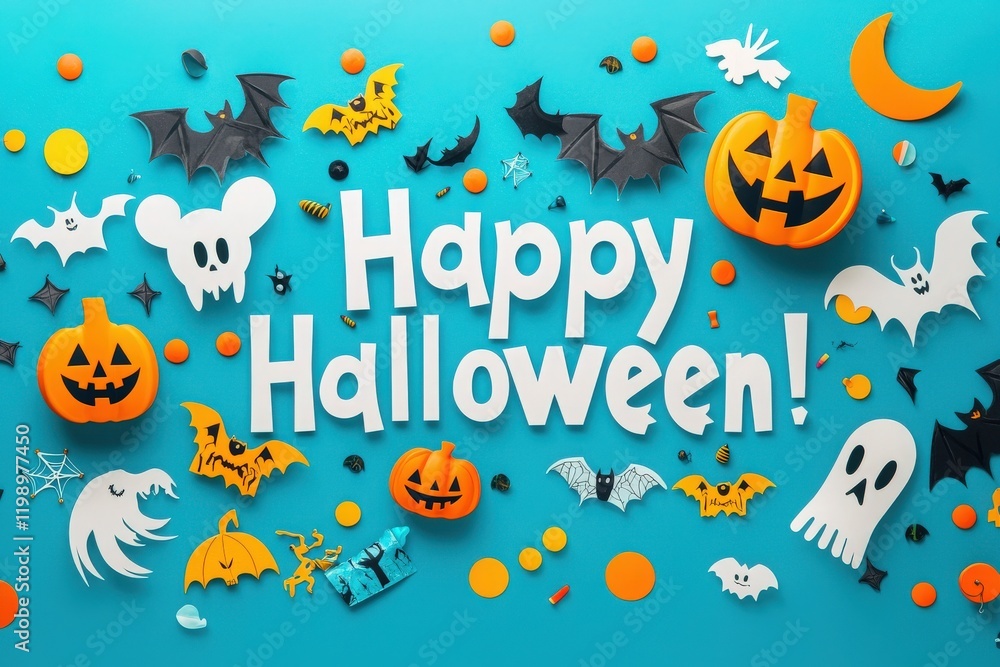 Festive decorations create a vibrant Halloween atmosphere with orange pumpkins, bats, ghosts, and cheerful designs against a bright blue backdrop. This colorful display captures the holiday spirit.