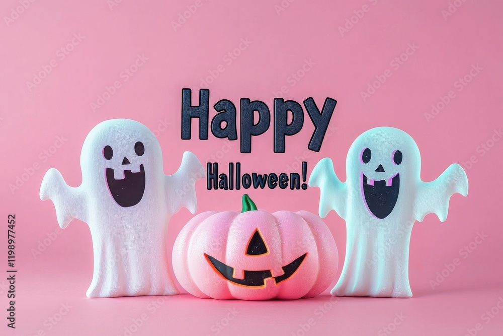 Two cheerful ghost figures beside a smiling pumpkin create a fun Halloween atmosphere against a pink backdrop. This festive display is ideal for celebrating Halloween in a playful way.