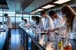 © Анастасия Гайкова - Students conducting experiments in a modern laboratory, wearing lab coats and safety goggles, surrounded by glassware and scientific equipment, focused on collaborative scientific learning