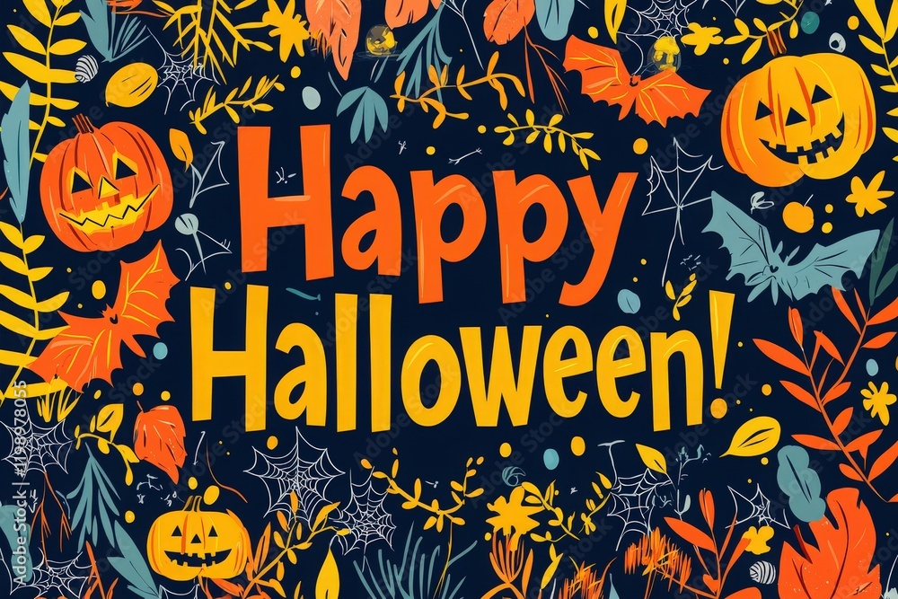 Bright colors and festive decorations fill the design with pumpkins, bats, and autumn leaves. The words Happy Halloween! stand out amidst a playful arrangement of seasonal elements.