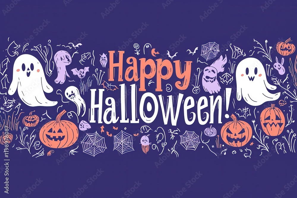 A colorful Halloween greeting features whimsical ghosts, carved pumpkins, and spooky elements on a vibrant purple backdrop. Perfect for celebrating the festive spirit of Halloween.