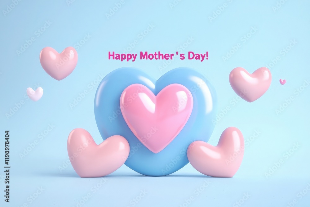 Bright heart shapes in pastel colors create a joyful display for Mothers Day. A large blue heart with a pink center stands out, surrounded by smaller pink hearts, conveying love and celebration.
