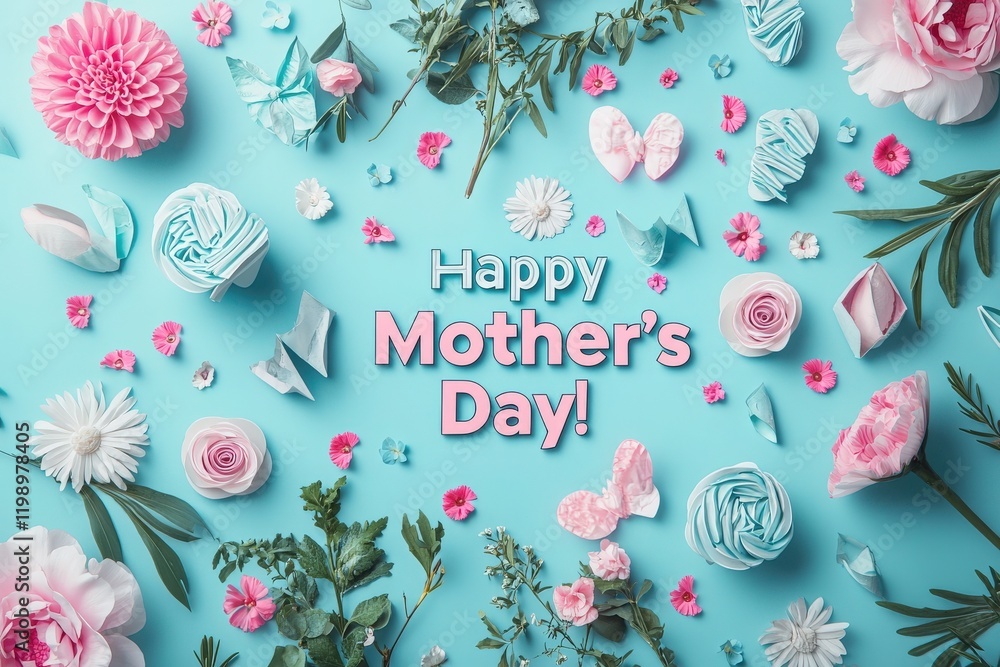 Colorful paper flowers and decorations create a festive atmosphere for Mothers Day. Delicate petals and vibrant hues enhance the joyful mood of the celebration.