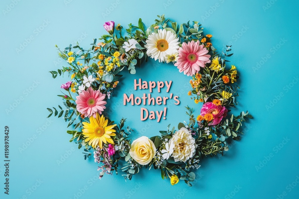 A colorful wreath made of various flowers surrounds a cheerful message for Mothers Day on a blue backdrop. The bright arrangement highlights the beauty of spring blooms.
