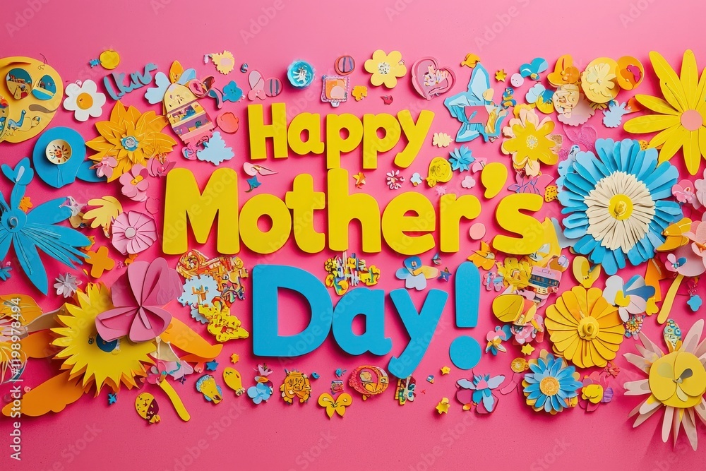 Vibrant decorations celebrate Mothers Day with colorful paper flowers, hearts, and messages creating a joyful atmosphere perfect for honoring mothers and making memories.