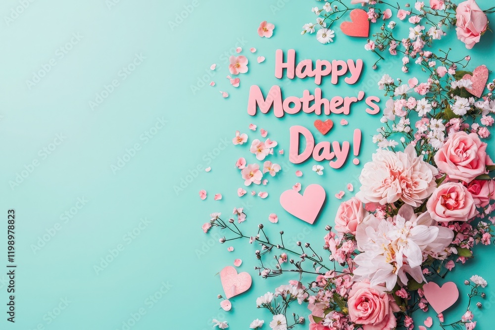 Colorful decorations featuring pink hearts and assorted flowers highlight the joyful message for Mothers Day. A bright background enhances the celebratory atmosphere for this special occasion.