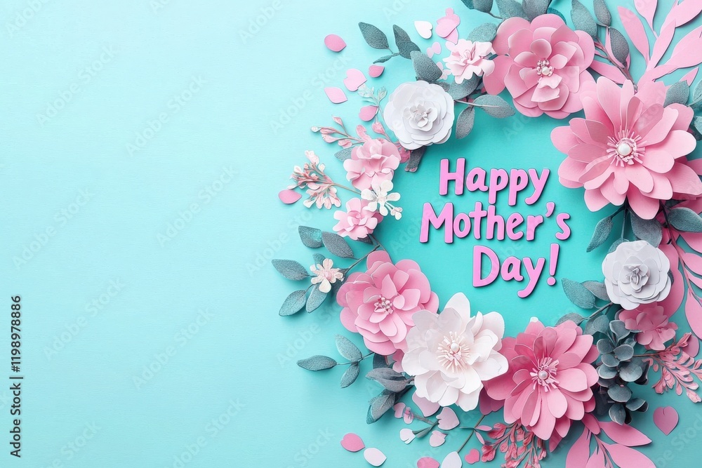 Delicate paper flowers in shades of pink and white form a wreath surrounding a vibrant greeting wishing happy Mothers Day. The bright blue background enhances the festive atmosphere.
