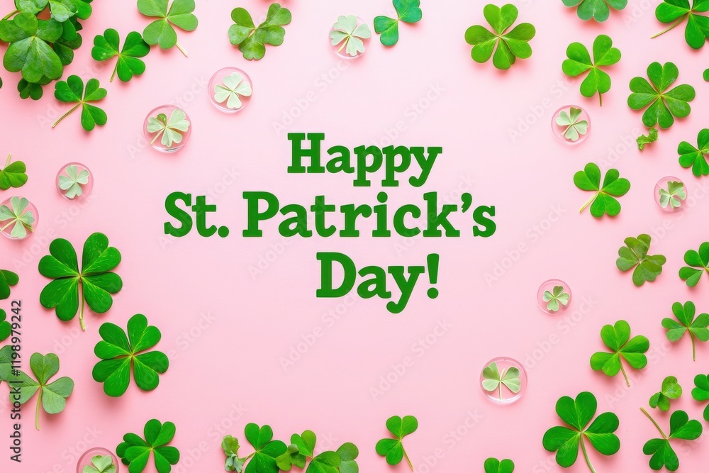 Green shamrocks and a cheerful greeting bring a festive atmosphere to St. Patricks Day celebrations. The playful arrangement creates a vibrant and joyful feel for the occasion.