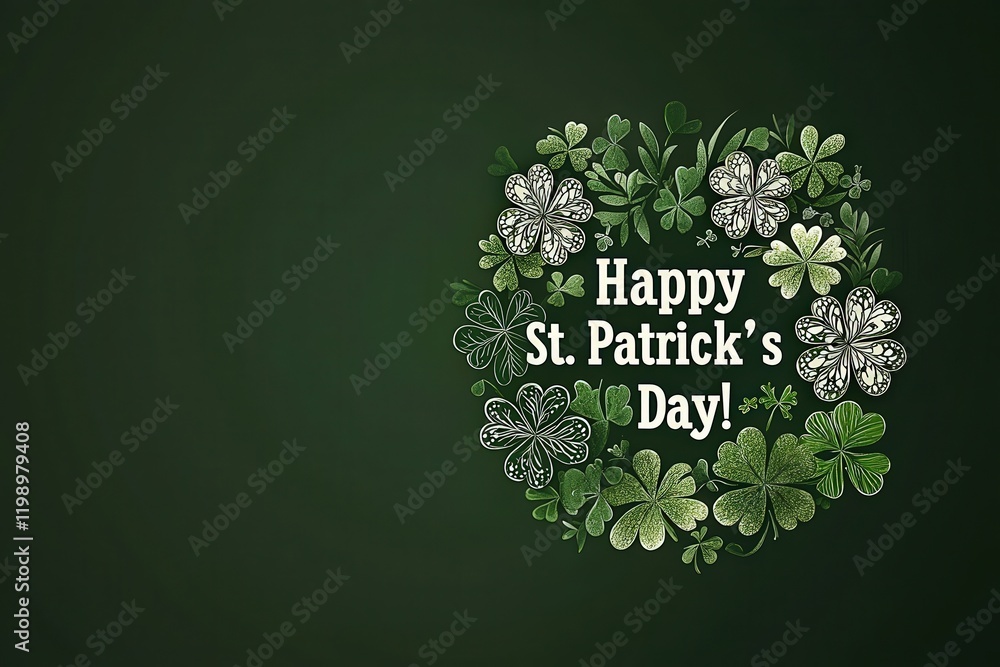 Festive illustration features a variety of green clovers surrounded by the cheerful message for St. Patricks Day. The design evokes a joyful celebration of Irish culture and tradition.