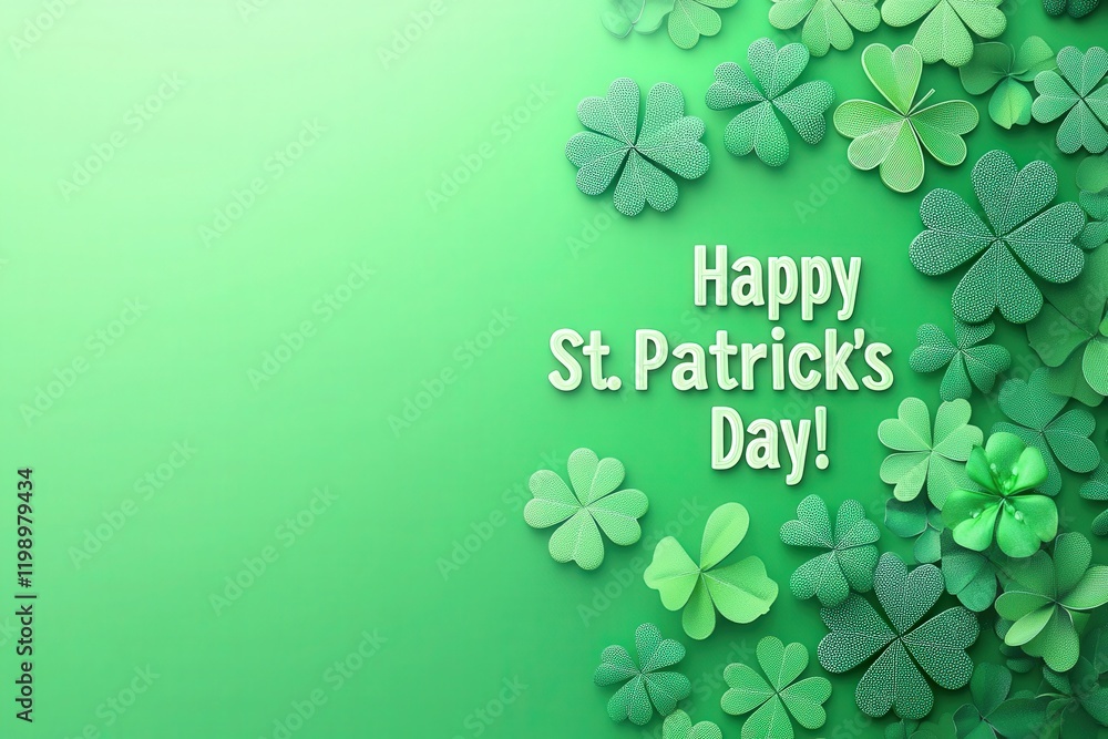 Green clovers spread across the surface create a celebratory mood for St Patricks Day. The cheerful message adds to the festive atmosphere, inviting joy and celebration.