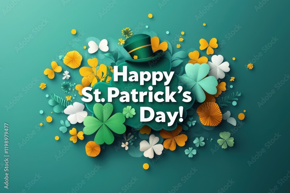 Vibrant arrangement of green, white, and orange decorations showcases a festive St. Patricks Day theme with shamrocks, flowers, and a green hat against a turquoise backdrop.