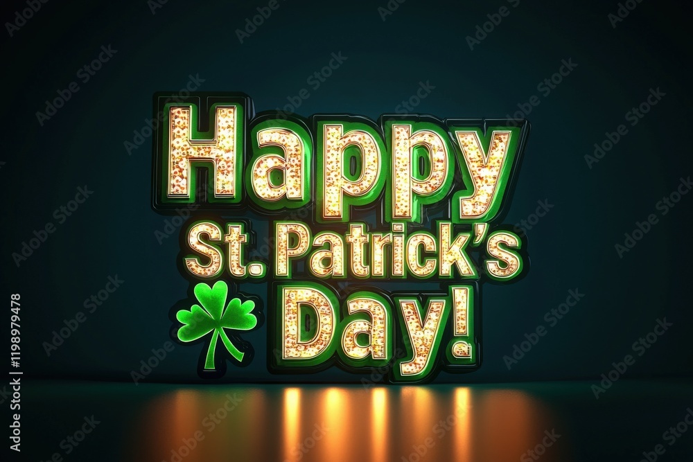 Colorful decorative lettering wishing happiness for St. Patricks Day, illuminated with bright lights. A lucky clover adds to the festive atmosphere in a dark setting.
