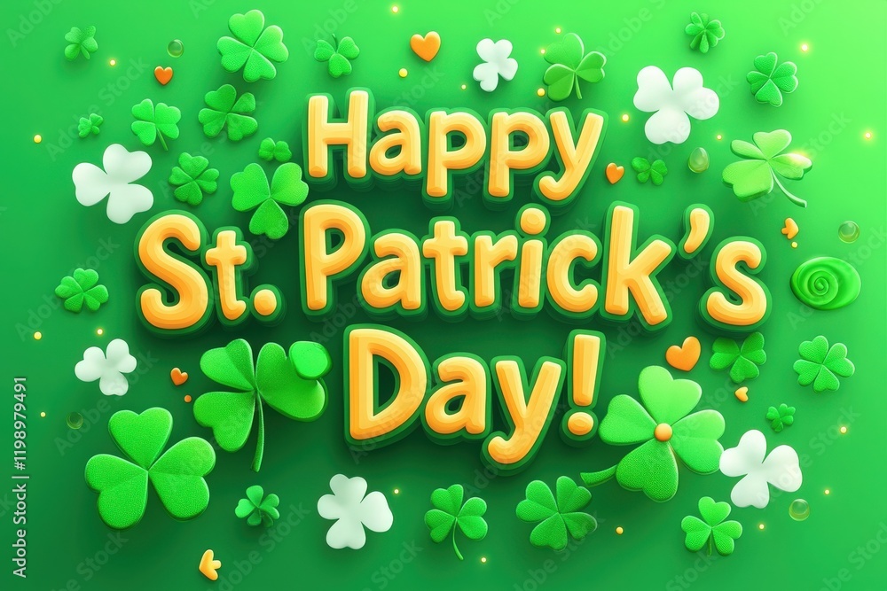 Vibrant decorations showcase a cheerful St. Patricks Day theme, featuring playful shamrocks and festive lettering. The bright green background enhances the joyous atmosphere.