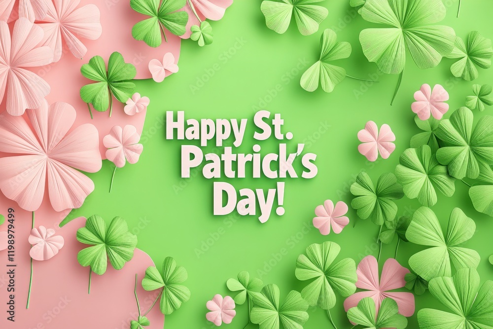 Bright green and pink background displays various paper clovers alongside a cheerful greeting for St. Patricks Day, creating a festive and playful atmosphere perfect for celebrations.
