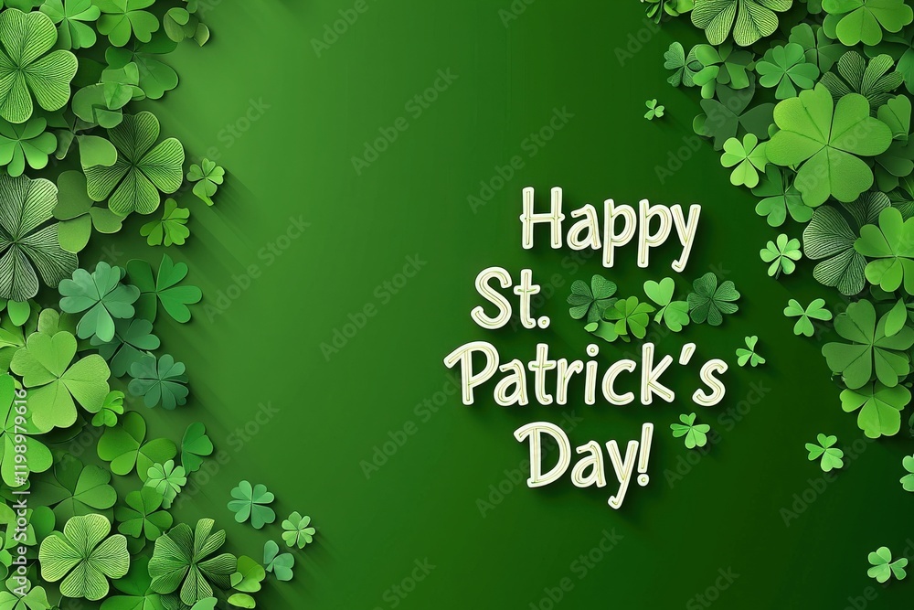 Festive greeting for St. Patricks Day featuring lush green clovers on a dark green background. The design is cheerful and sets a joyful tone for celebrating this holiday.