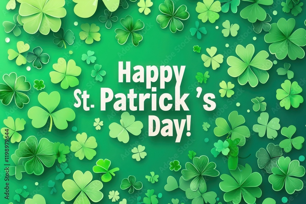 A bright green background features numerous clovers of various shapes and sizes, with cheerful text wishing Happy St Patricks Day. The display captures the spirit of this festive occasion.