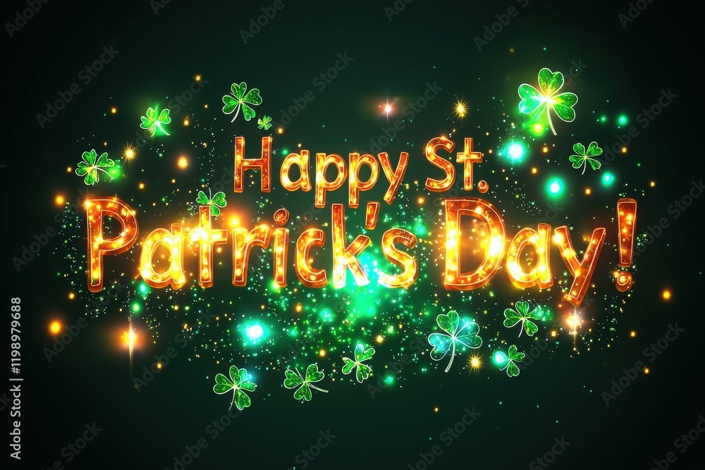 Colorful decorations with glowing lettering wishes everyone a happy St Patricks Day. Shamrocks and sparkles enhance the festive atmosphere, creating a joyful ambiance for the holiday.